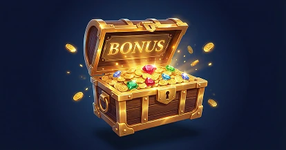 B7 Casino schatkist gevuld met gouden munten en edelstenen met de tekst Bonus